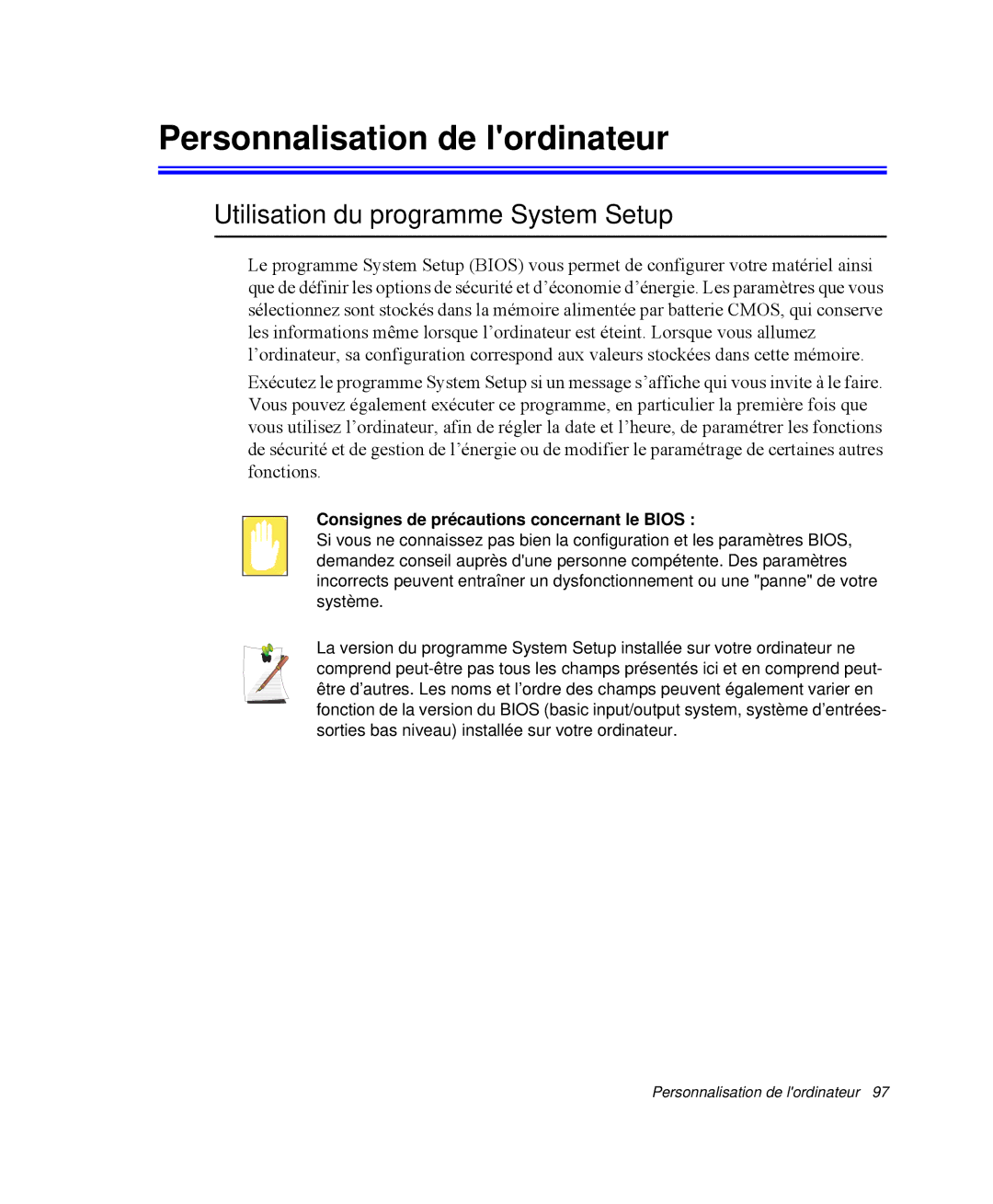 Samsung NP-Q35T007/SEF, NP-Q35G001/SEF manual Personnalisation de lordinateur, Utilisation du programme System Setup 