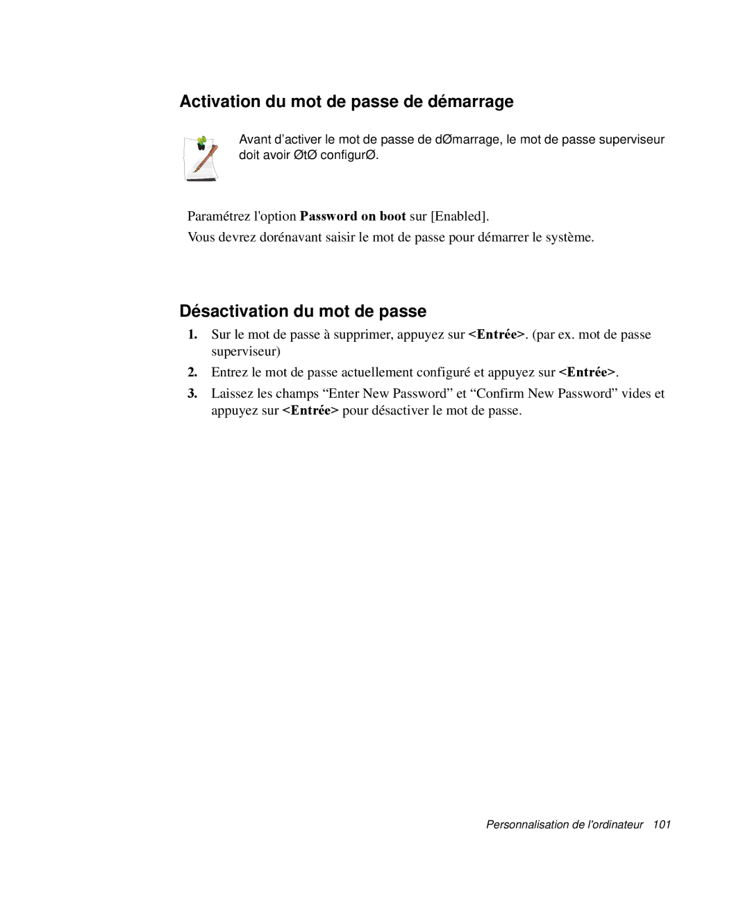 Samsung NP-Q35T000/SEF, NP-Q35G001/SEF manual Activation du mot de passe de démarrage, Désactivation du mot de passe 