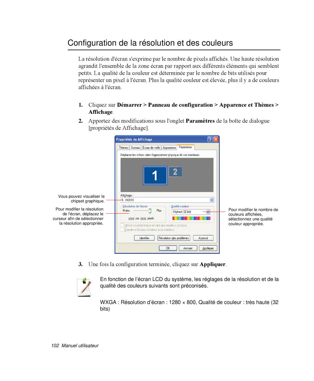 Samsung NP-Q35T003/SEF, NP-Q35G001/SEF, NP-Q35T000/SEF, NP-Q35T005/SEF manual Configuration de la résolution et des couleurs 