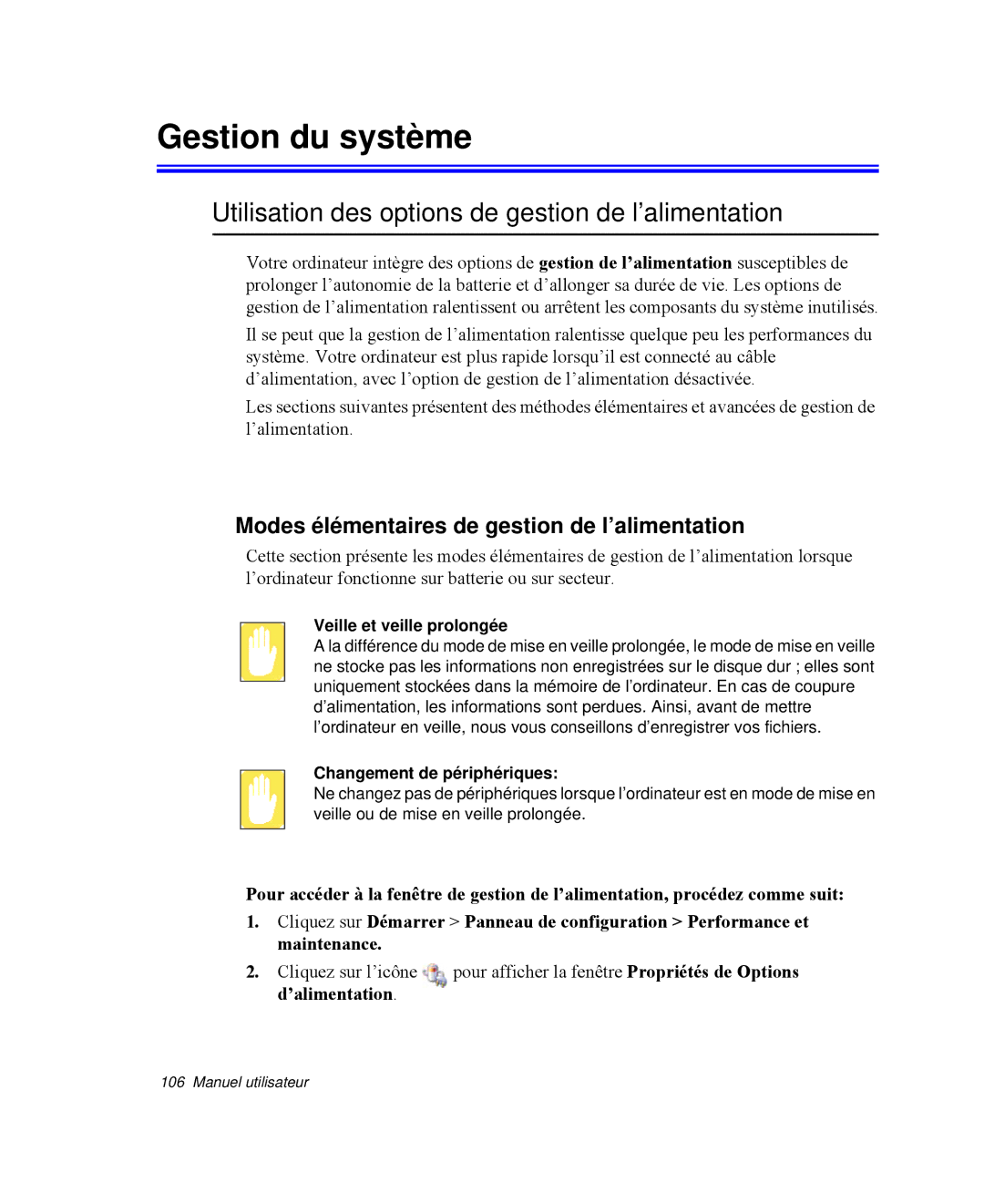 Samsung NP-Q35C001/SEF, NP-Q35G001/SEF manual Gestion du système, Utilisation des options de gestion de l’alimentation 