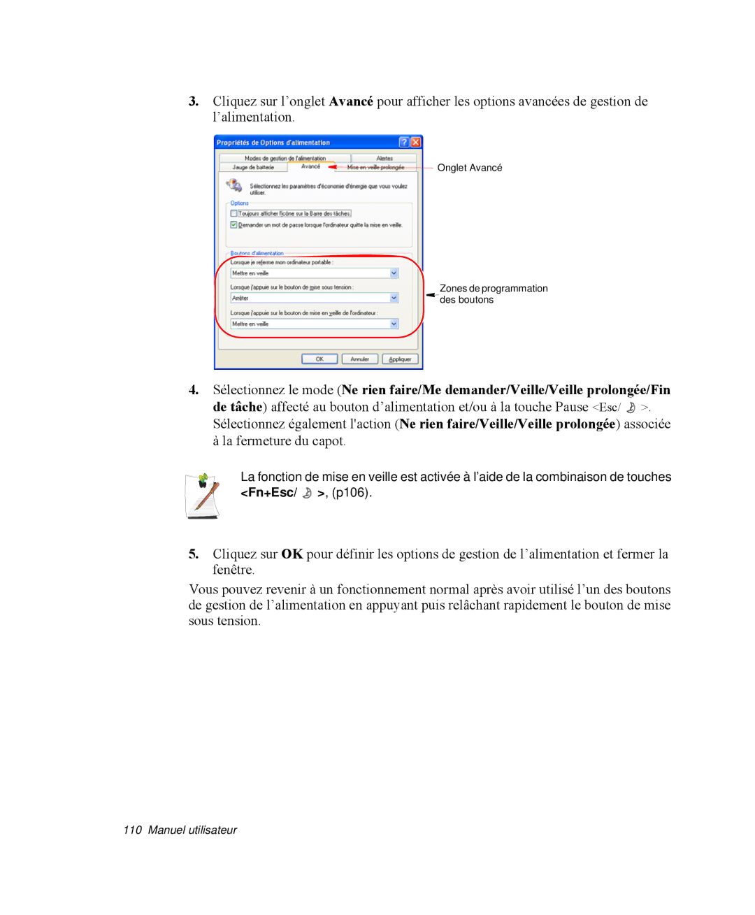 Samsung NP-Q35C002/SEF, NP-Q35G001/SEF, NP-Q35T000/SEF, NP-Q35T003/SEF manual Onglet Avancé Zones de programmation Des boutons 