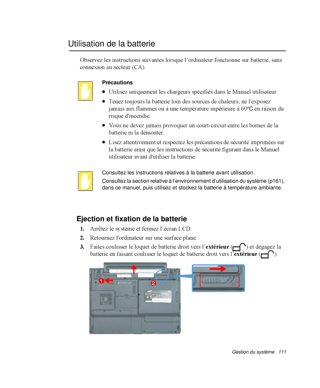 Samsung NP-Q35T002/SEF, NP-Q35G001/SEF manual Utilisation de la batterie, Ejection et fixation de la batterie, Précautions 