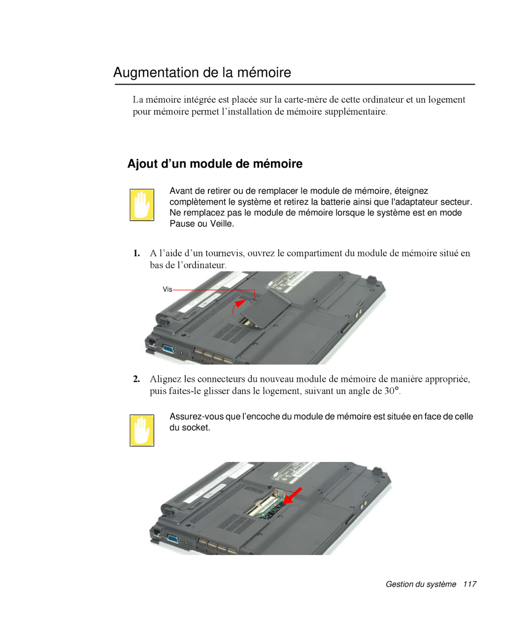 Samsung NP-Q35T003/SEF, NP-Q35G001/SEF, NP-Q35T000/SEF manual Augmentation de la mémoire, Ajout d’un module de mémoire 