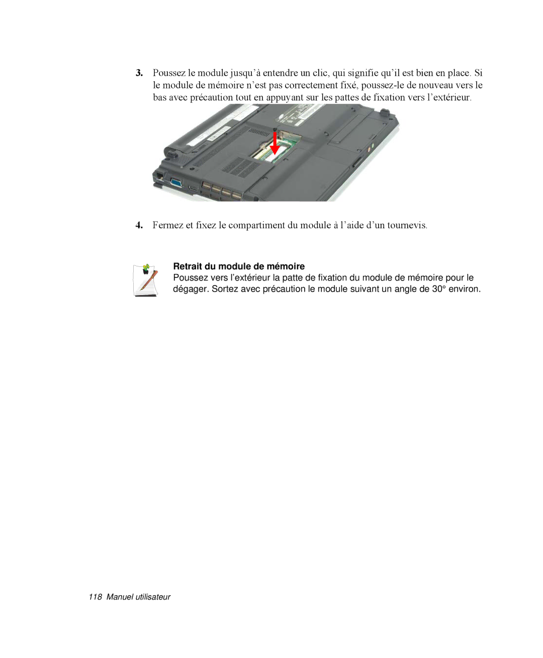 Samsung NP-Q35T005/SEF, NP-Q35G001/SEF, NP-Q35T000/SEF, NP-Q35T003/SEF, NP-Q35T004/SEF manual Retrait du module de mémoire 