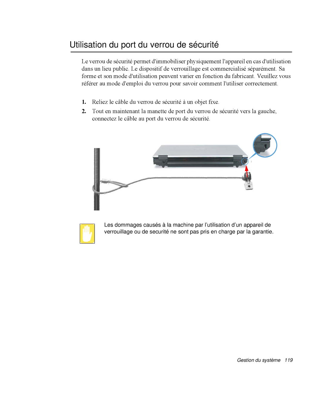 Samsung NP-Q35T004/SEF, NP-Q35G001/SEF, NP-Q35T000/SEF, NP-Q35T003/SEF manual Utilisation du port du verrou de sécurité 