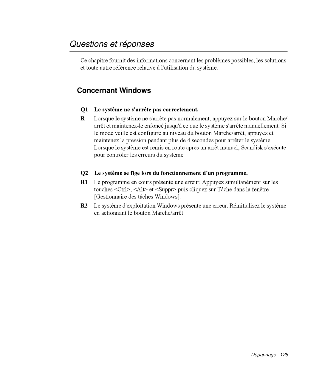 Samsung NP-Q35C002/SEF manual Questions et réponses, Concernant Windows, Q1 Le système ne sarrête pas correctement 