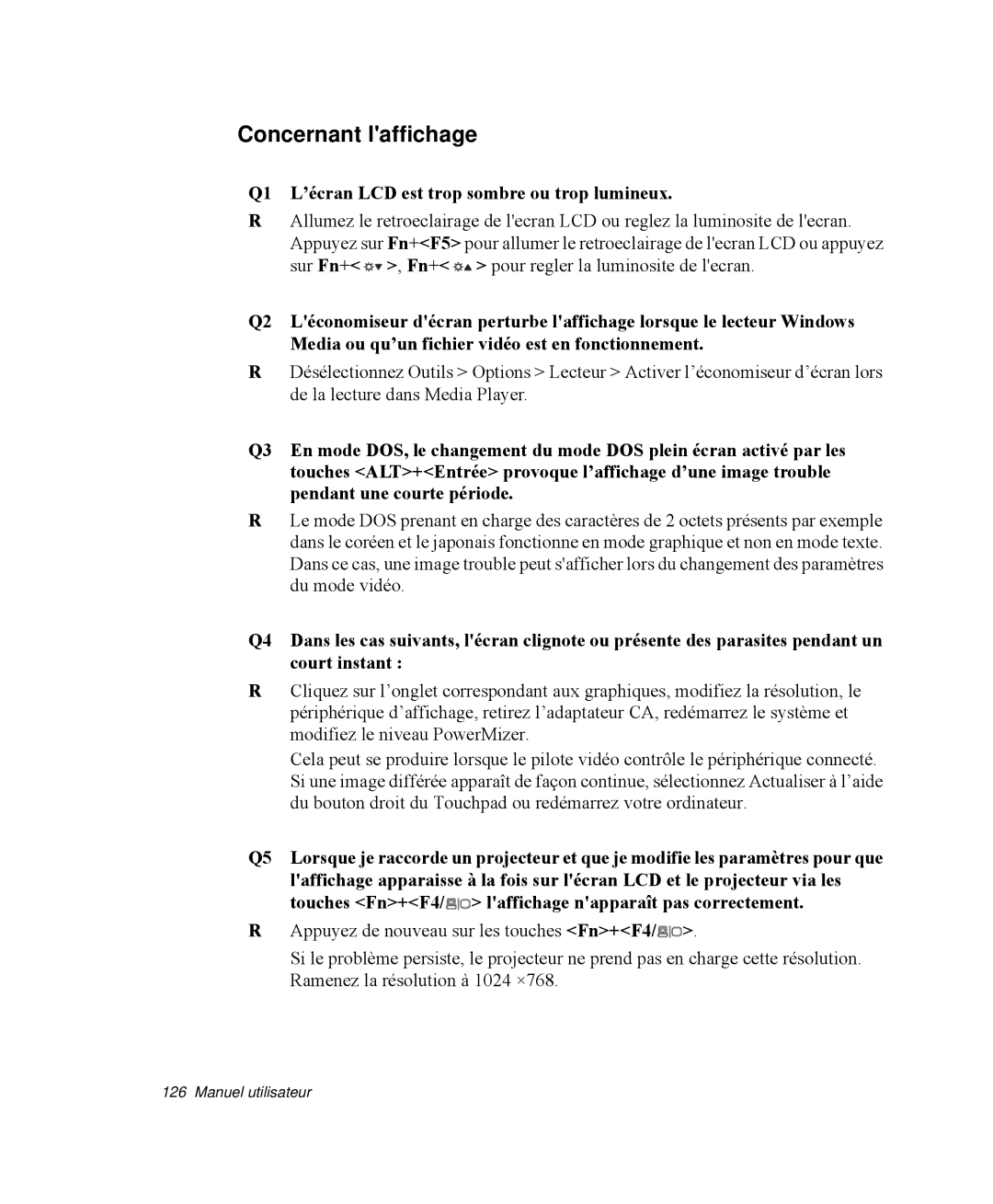 Samsung NP-Q35T002/SEF, NP-Q35G001/SEF manual Concernant laffichage, Q1 L’écran LCD est trop sombre ou trop lumineux 