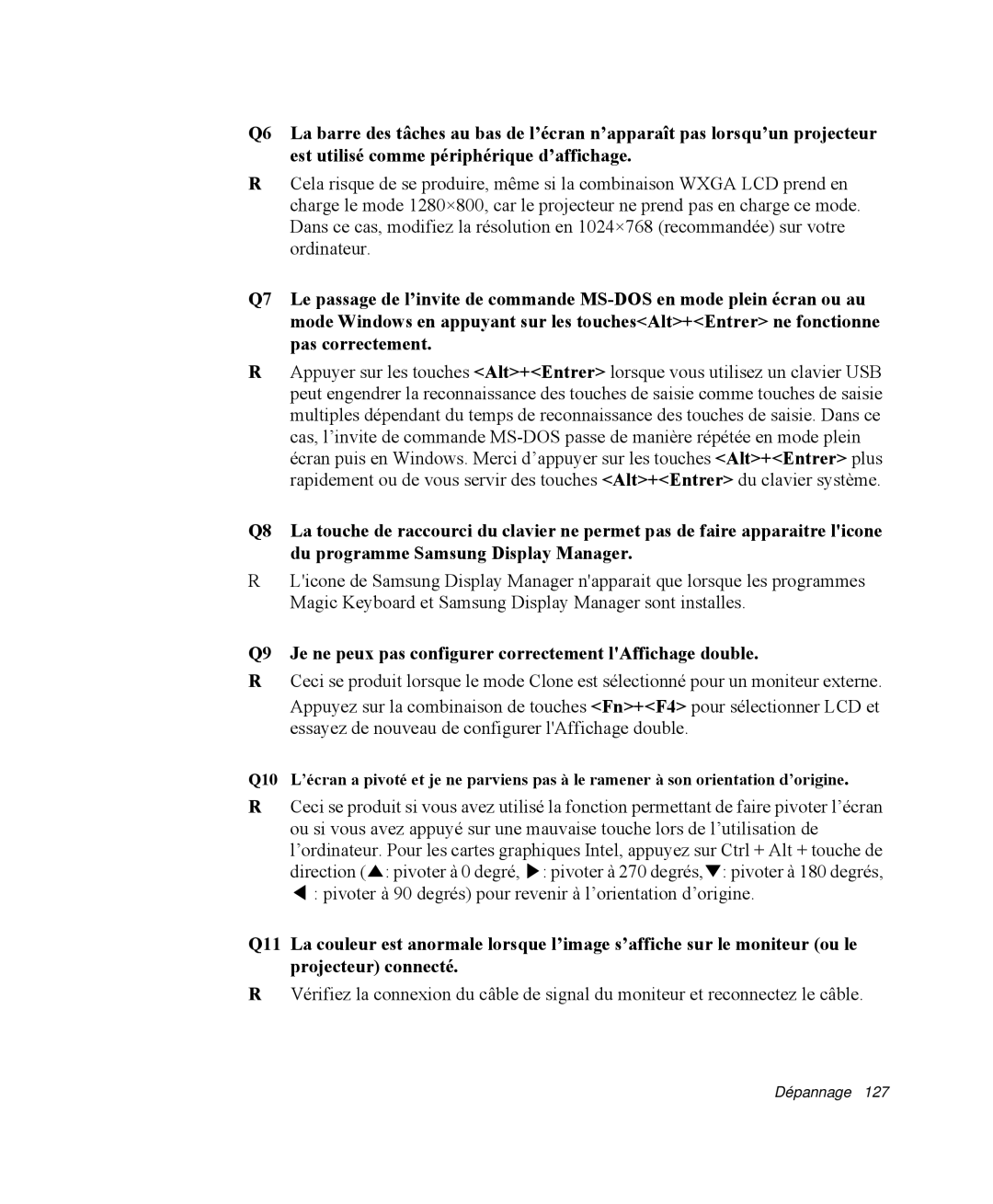 Samsung NP-Q35T007/SEF, NP-Q35G001/SEF, NP-Q35T000/SEF manual Q9 Je ne peux pas configurer correctement lAffichage double 