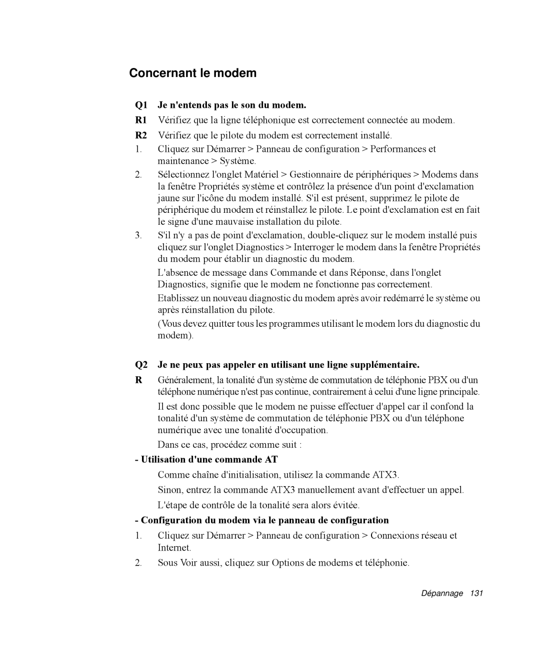 Samsung NP-Q35T000/SEF manual Concernant le modem, Q1 Je nentends pas le son du modem, Utilisation dune commande AT 