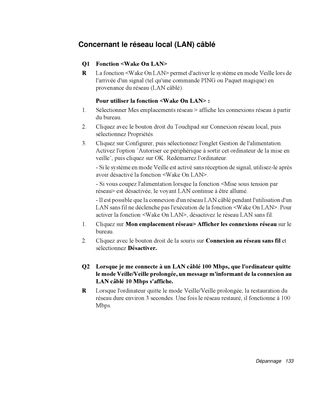 Samsung NP-Q35T005/SEF, NP-Q35G001/SEF, NP-Q35T000/SEF manual Concernant le réseau local LAN câblé, Q1 Fonction Wake On LAN 