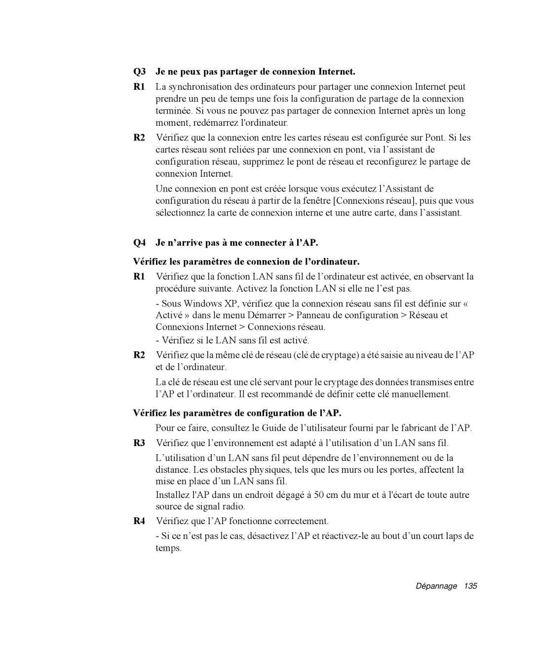 Samsung NP-Q35A001/SEF Q3 Je ne peux pas partager de connexion Internet, Vérifiez les paramètres de configuration de l’AP 