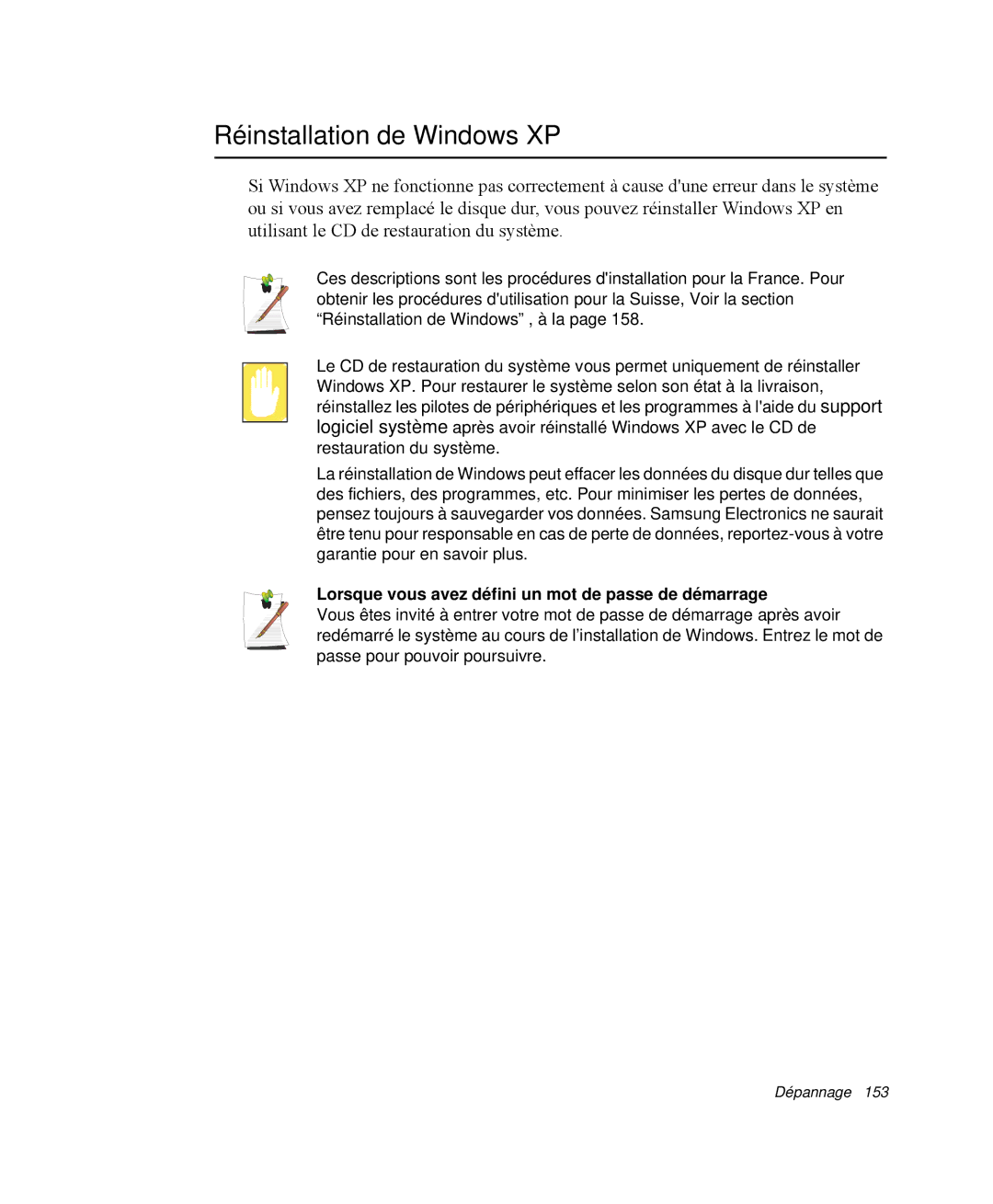 Samsung NP-Q35T006/SEF, NP-Q35G001/SEF Réinstallation de Windows XP, Lorsque vous avez défini un mot de passe de démarrage 