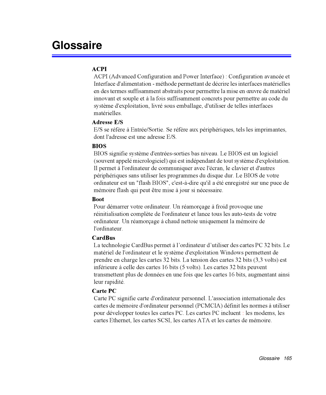 Samsung NP-Q35A001/SEF, NP-Q35G001/SEF, NP-Q35T000/SEF, NP-Q35T003/SEF manual Glossaire, Adresse E/S, Boot, CardBus, Carte PC 