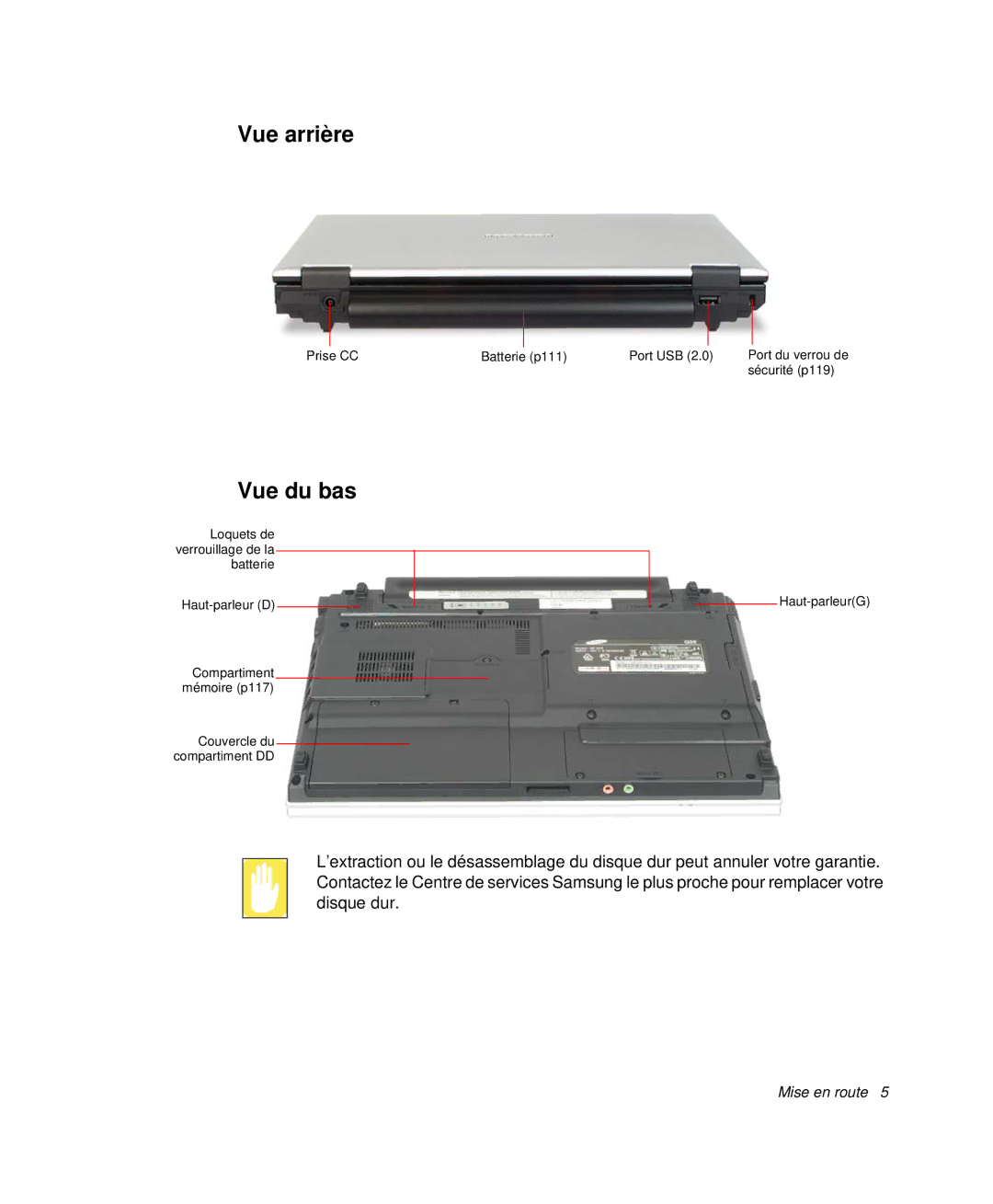 Samsung NP-Q35C002/SEF, NP-Q35G001/SEF, NP-Q35T000/SEF, NP-Q35T003/SEF, NP-Q35T005/SEF, NP-Q35T004/SEF Vue arrière, Vue du bas 