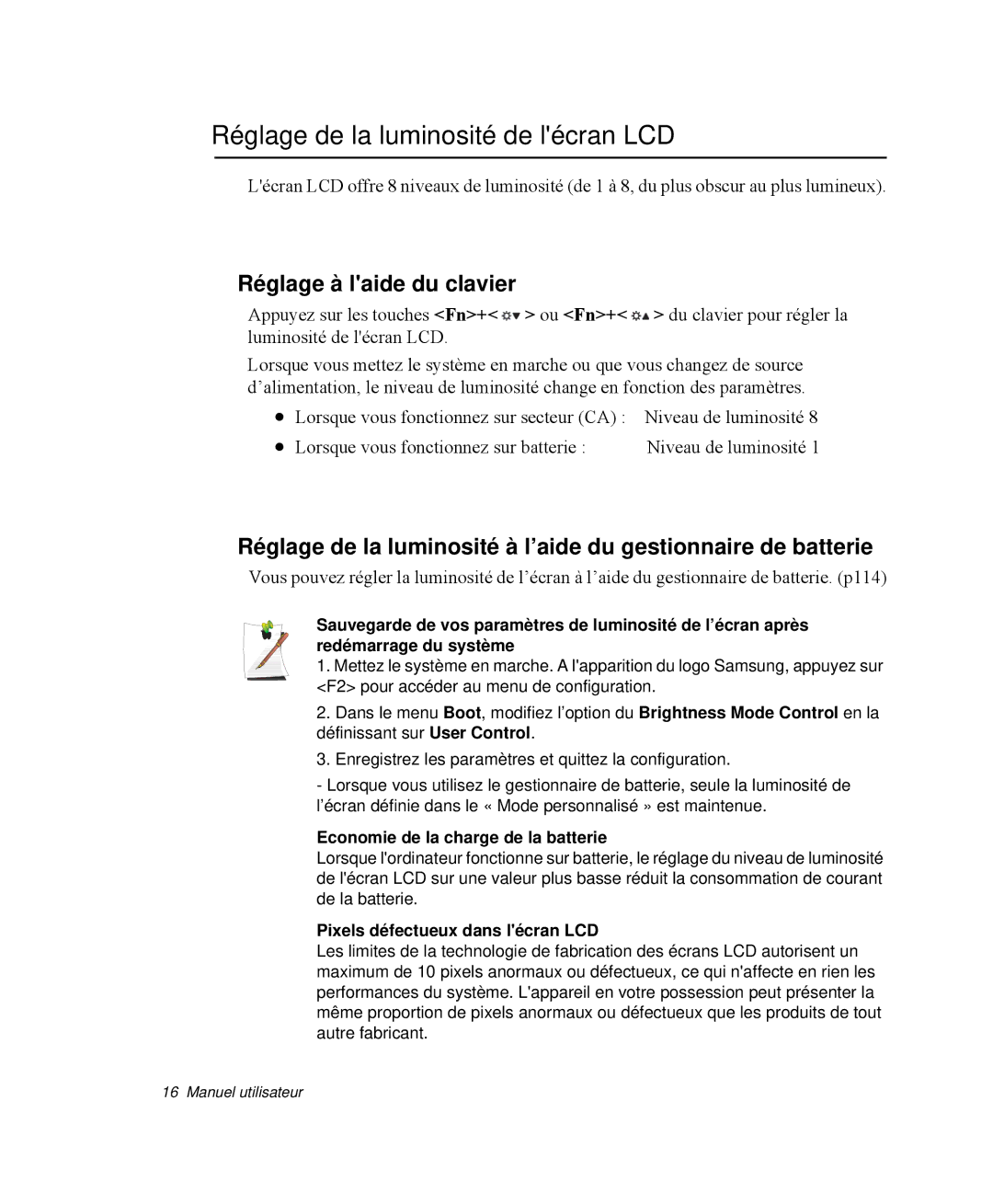 Samsung NP-Q35C001/SEF, NP-Q35G001/SEF, NP-Q35T000/SEF Réglage de la luminosité de lécran LCD, Réglage à laide du clavier 