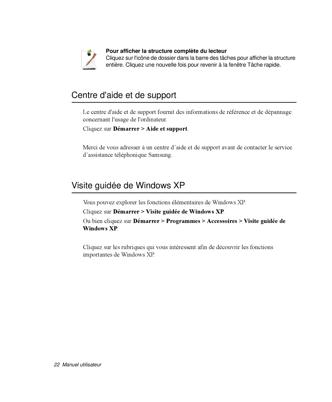 Samsung NP-Q35T007/SEF manual Centre daide et de support, Visite guidée de Windows XP, Cliquez sur Démarrer Aide et support 