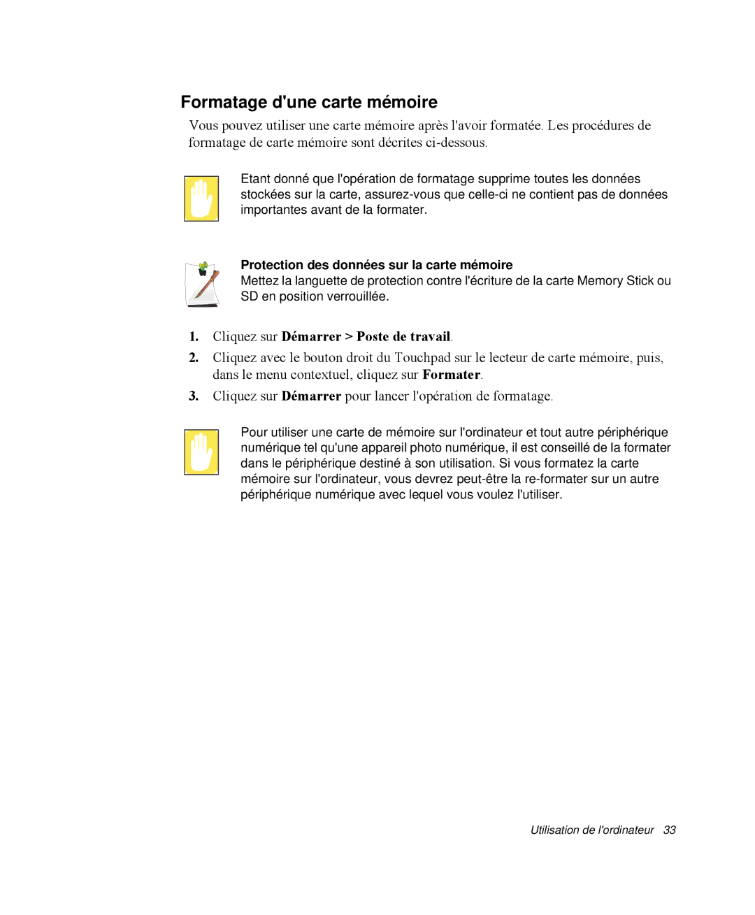 Samsung NP-Q35T006/SEF, NP-Q35G001/SEF manual Formatage dune carte mémoire, Protection des données sur la carte mémoire 