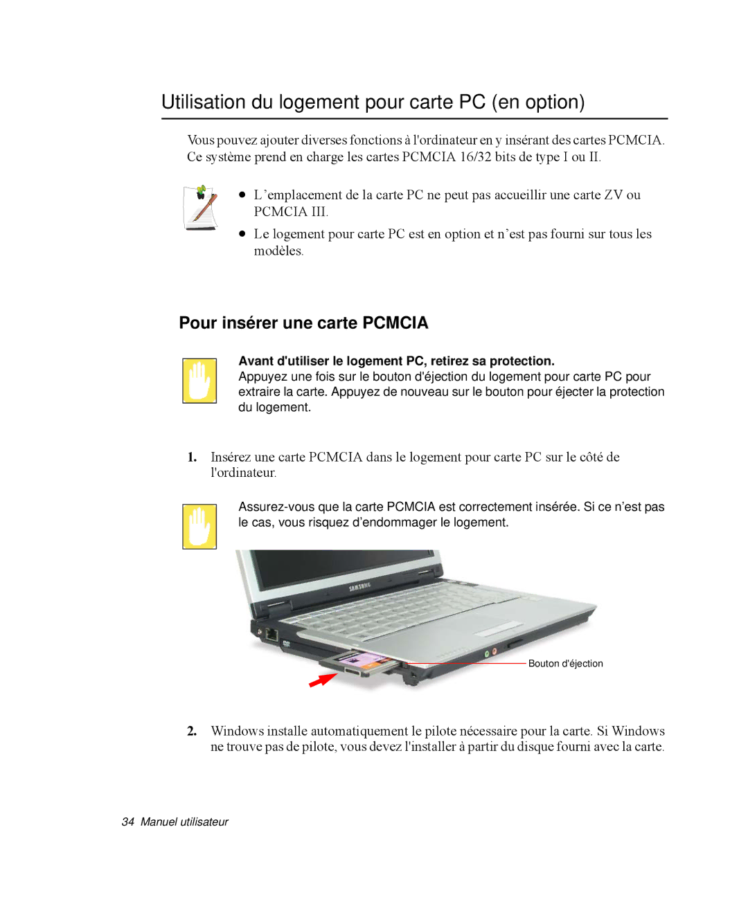 Samsung NP-Q35K000/SEF, NP-Q35G001/SEF manual Utilisation du logement pour carte PC en option, Pour insérer une carte Pcmcia 