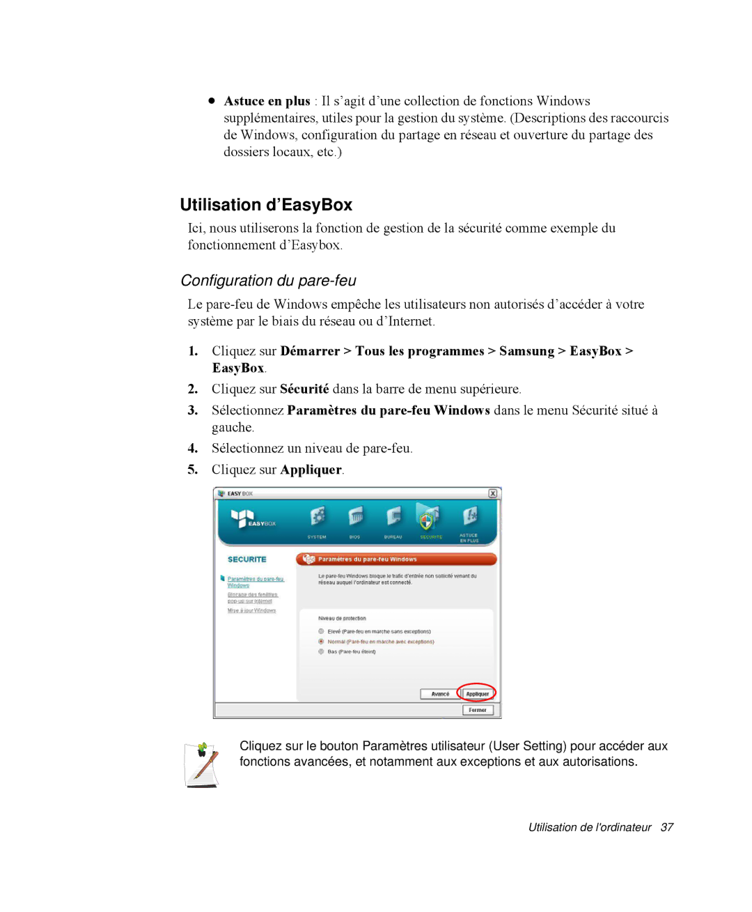 Samsung NP-Q35T007/SEF, NP-Q35G001/SEF, NP-Q35T000/SEF, NP-Q35T003/SEF manual Utilisation d’EasyBox, Configuration du pare-feu 