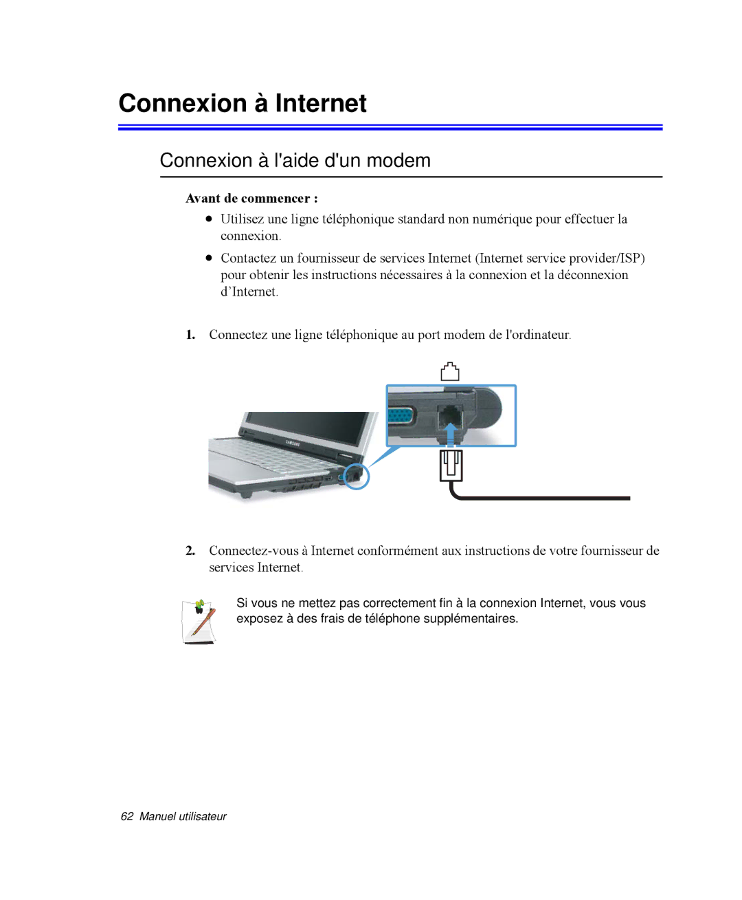 Samsung NP-Q35G000/SEF, NP-Q35G001/SEF manual Connexion à Internet, Connexion à laide dun modem, Avant de commencer 