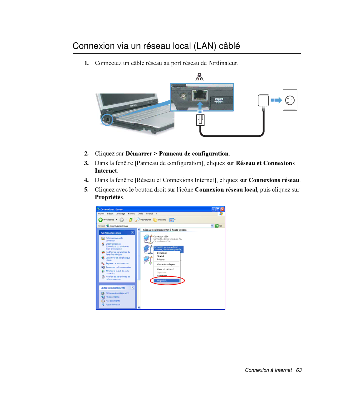 Samsung NP-Q35T006/SEF manual Connexion via un réseau local LAN câblé, Cliquez sur Démarrer Panneau de configuration 