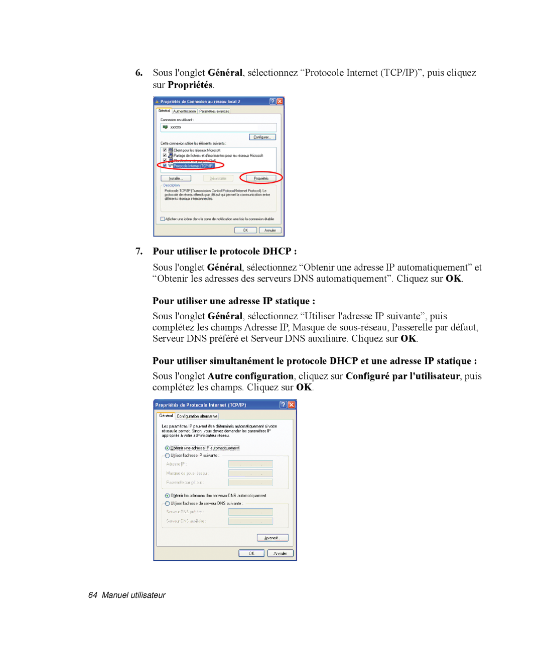 Samsung NP-Q35K000/SEF, NP-Q35G001/SEF manual Pour utiliser le protocole Dhcp, Pour utiliser une adresse IP statique 