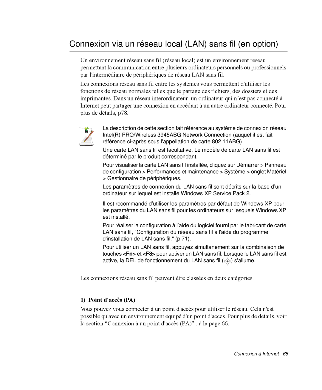 Samsung NP-Q35C002/SEF, NP-Q35G001/SEF manual Connexion via un réseau local LAN sans fil en option, Point daccès PA 