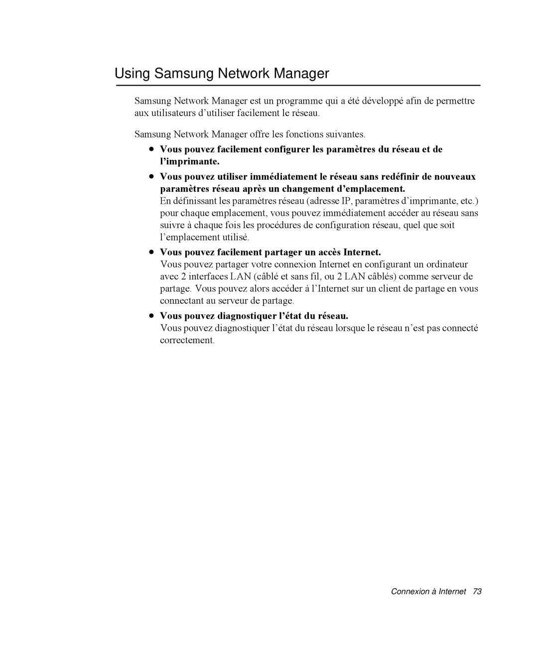 Samsung NP-Q35T005/SEF, NP-Q35G001/SEF Using Samsung Network Manager, Vous pouvez facilement partager un accès Internet 