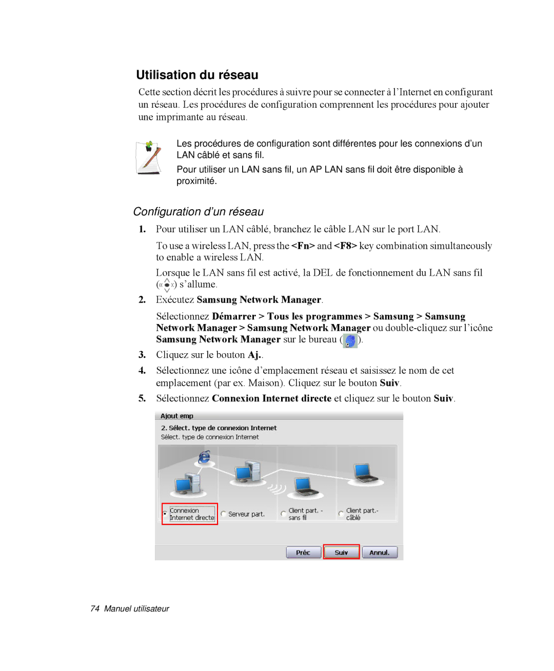 Samsung NP-Q35T004/SEF, NP-Q35G001/SEF, NP-Q35T000/SEF, NP-Q35T003/SEF manual Utilisation du réseau, Configuration d’un réseau 