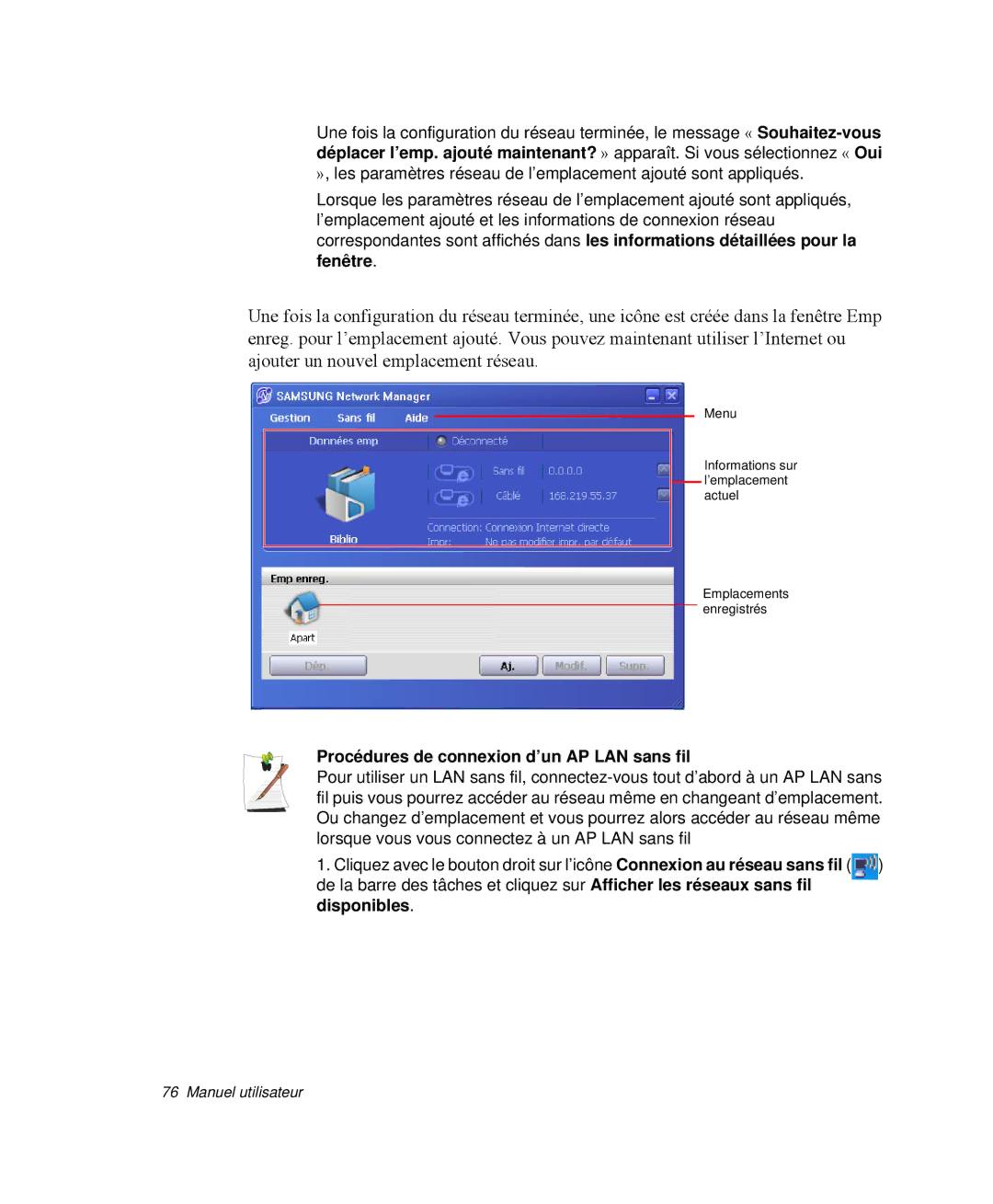 Samsung NP-Q35C001/SEF, NP-Q35G001/SEF, NP-Q35T000/SEF, NP-Q35T003/SEF Fenêtre, Procédures de connexion d’un AP LAN sans fil 