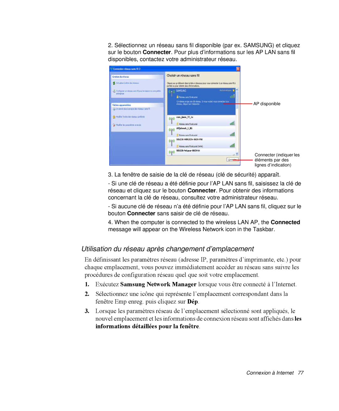 Samsung NP-Q35G000/SEF, NP-Q35G001/SEF, NP-Q35T000/SEF, NP-Q35T003/SEF Utilisation du réseau après changement d’emplacement 