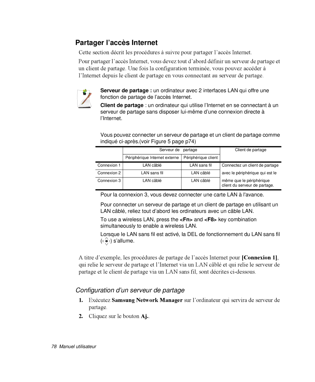 Samsung NP-Q35T006/SEF, NP-Q35G001/SEF, NP-Q35T000/SEF Partager l’accès Internet, Configuration d’un serveur de partage 