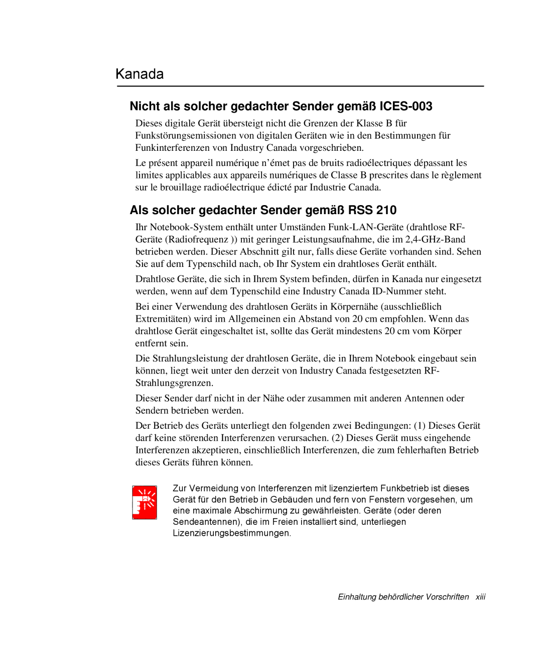 Samsung NP-Q40C000/SEG Kanada, Nicht als solcher gedachter Sender gemäß ICES-003, Als solcher gedachter Sender gemäß RSS 