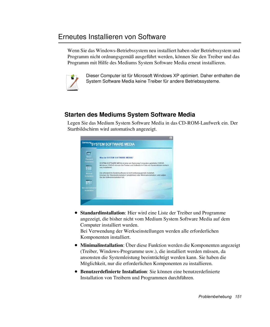 Samsung NP-Q40T001/SEG, NP-Q40T002/SEG manual Erneutes Installieren von Software, Starten des Mediums System Software Media 