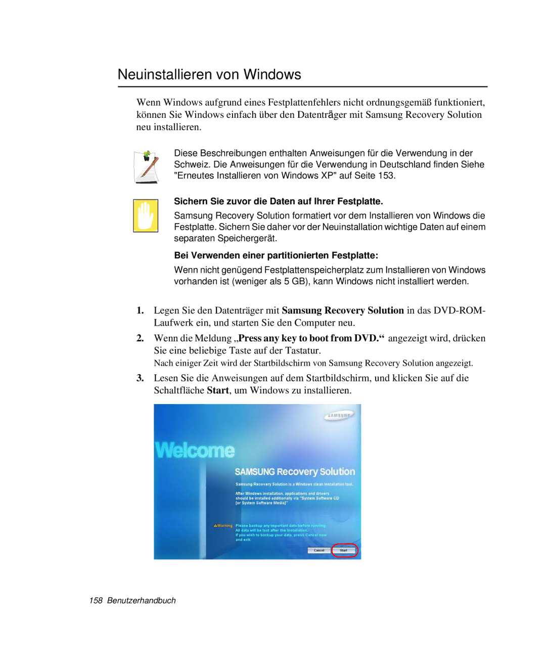 Samsung NP-Q40C000/SEG, NP-Q40T002/SEG manual Neuinstallieren von Windows, Sichern Sie zuvor die Daten auf Ihrer Festplatte 