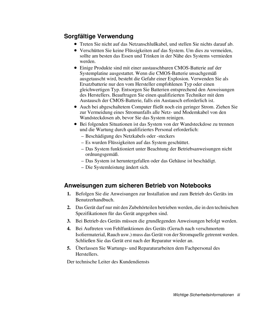 Samsung NP-Q40C000/SEG, NP-Q40T002/SEG manual Sorgfältige Verwendung, Anweisungen zum sicheren Betrieb von Notebooks 