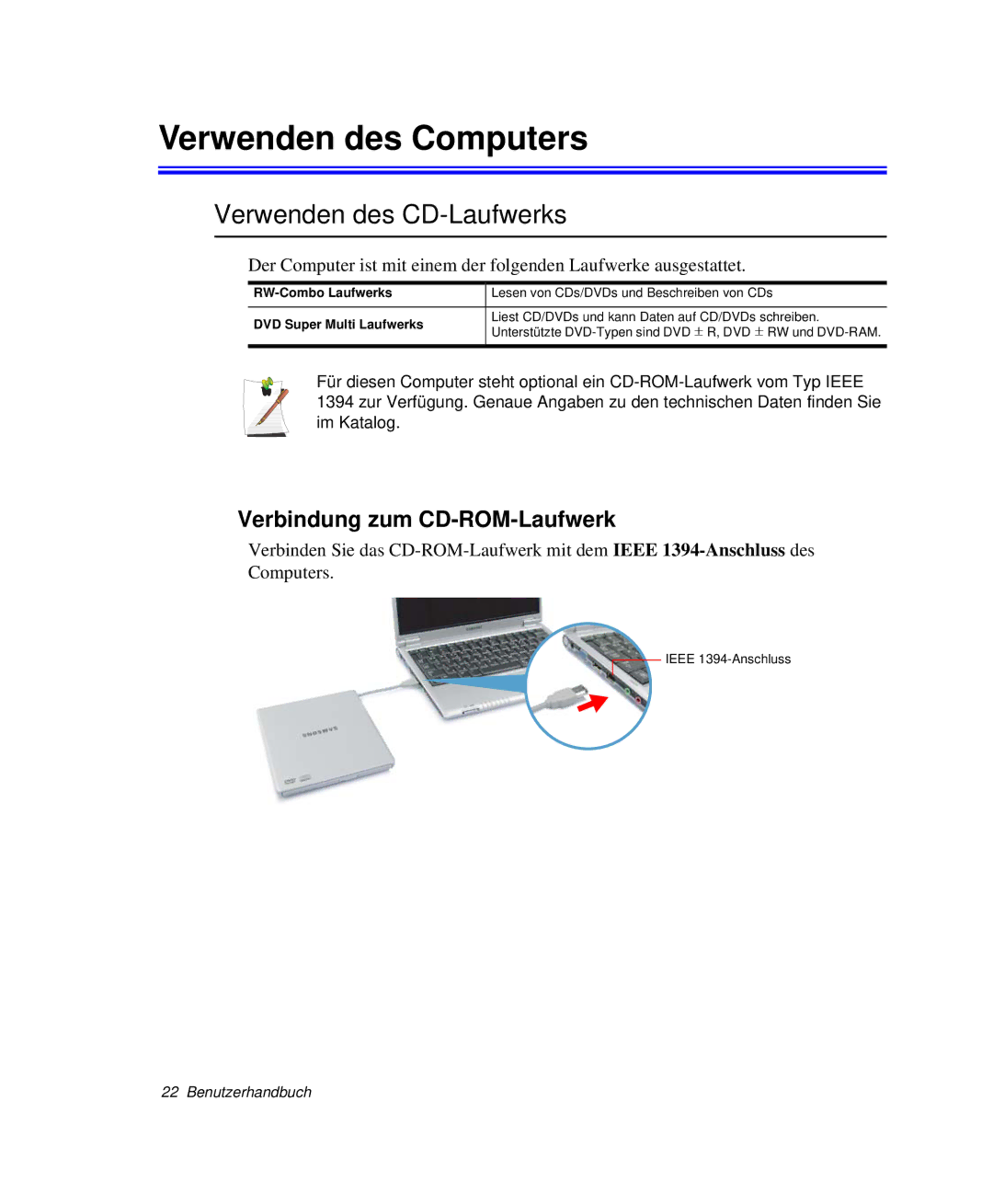 Samsung NP-Q40T000/SEG, NP-Q40T002/SEG Verwenden des Computers, Verwenden des CD-Laufwerks, Verbindung zum CD-ROM-Laufwerk 