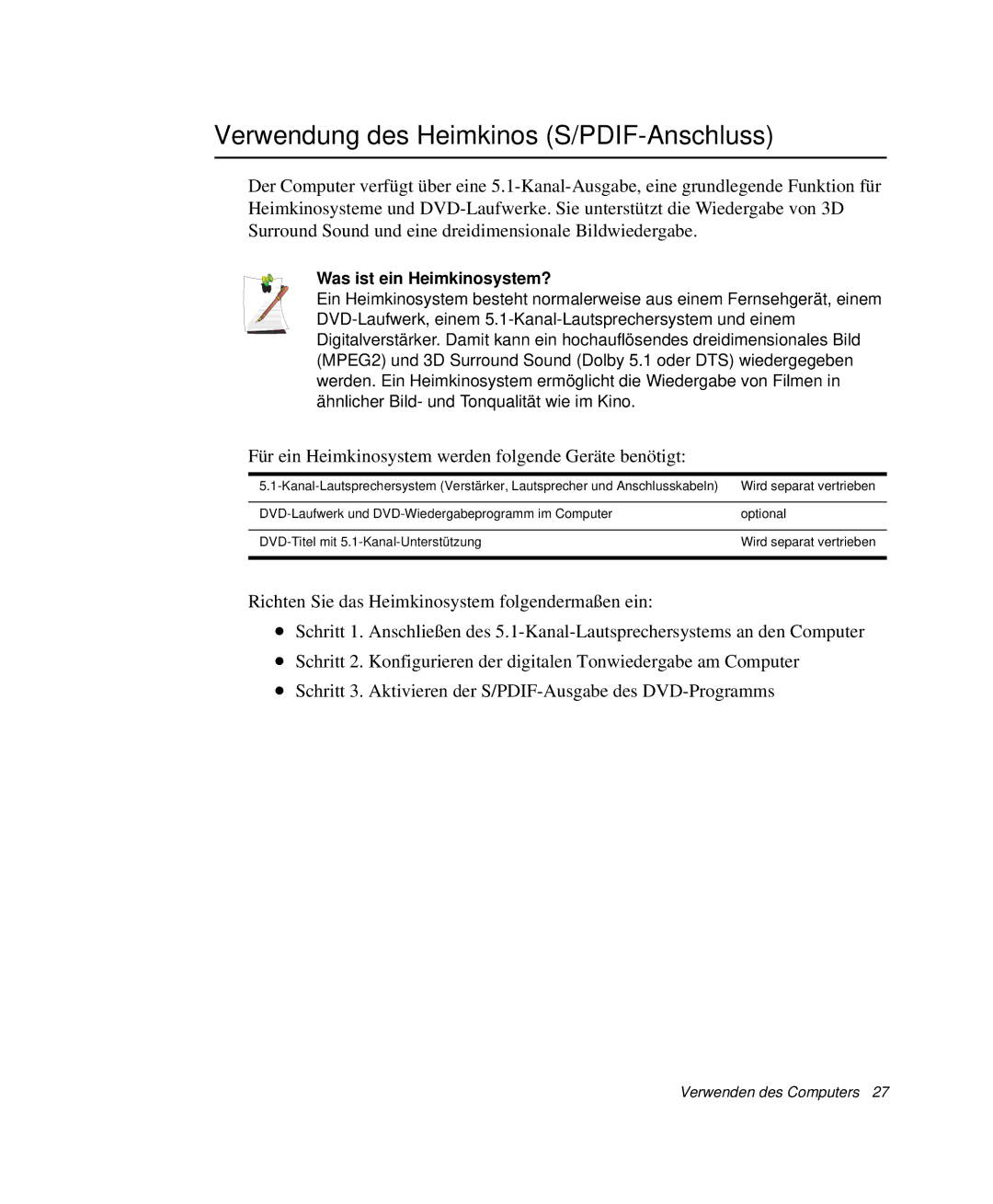 Samsung NP-Q40T000/SEG, NP-Q40T002/SEG manual Verwendung des Heimkinos S/PDIF-Anschluss, Was ist ein Heimkinosystem? 