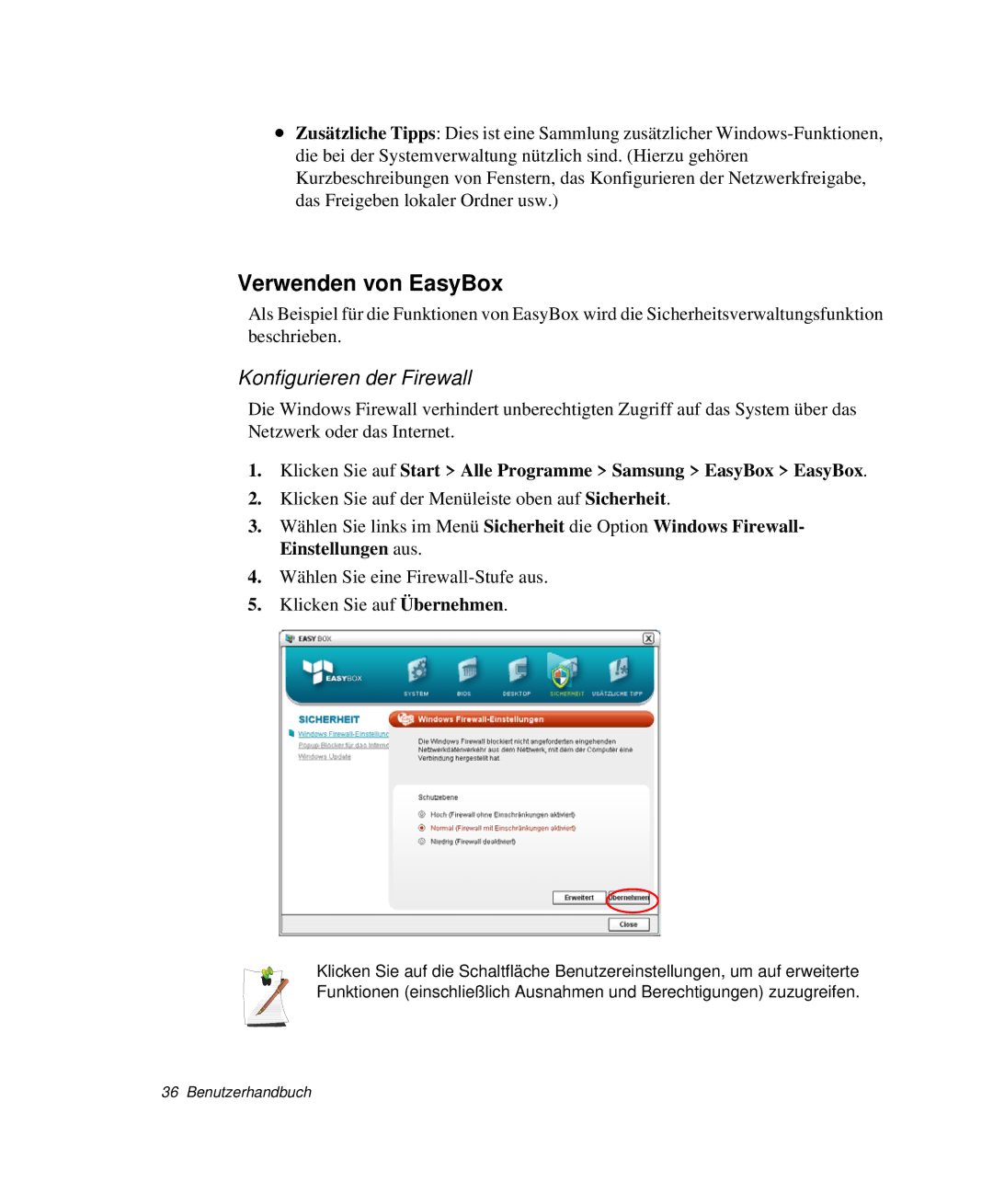 Samsung NP-Q40T001/SEG, NP-Q40T002/SEG, NP-Q40T000/SEG, NP-Q40C000/SEG Verwenden von EasyBox, Konfigurieren der Firewall 