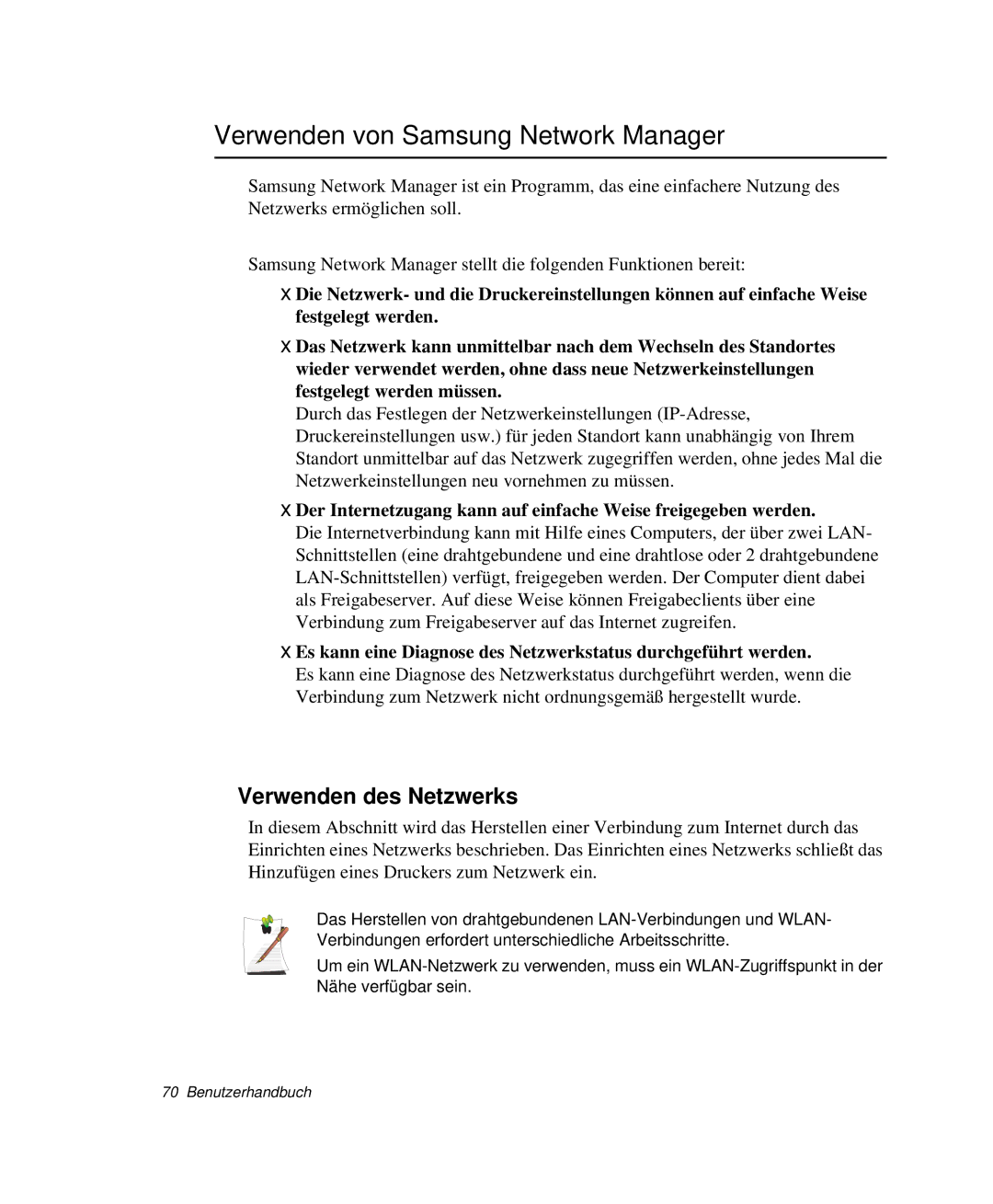 Samsung NP-Q40T002/SEG, NP-Q40T001/SEG, NP-Q40T000/SEG manual Verwenden von Samsung Network Manager, Verwenden des Netzwerks 