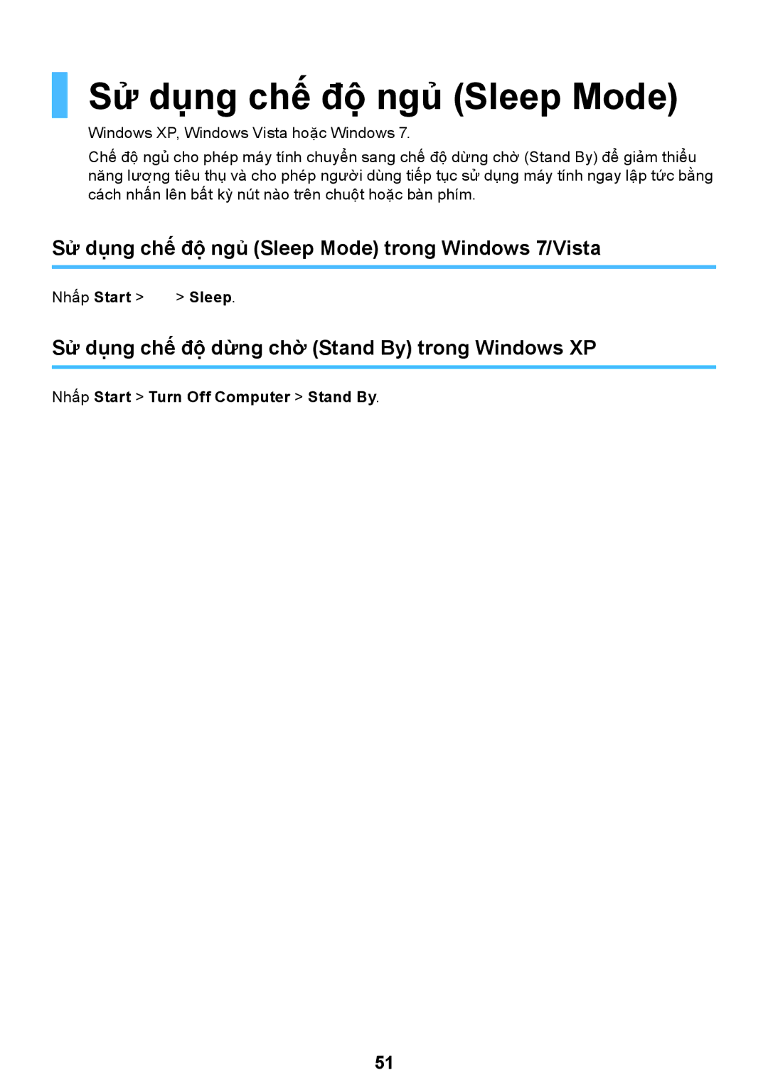 Samsung NP-Q428-DS01VN, NP-Q428-DT02VN manual Sử dụng chế độ ngủ Sleep Mode trong Windows 7/Vista, Nhấp Start Sleep 