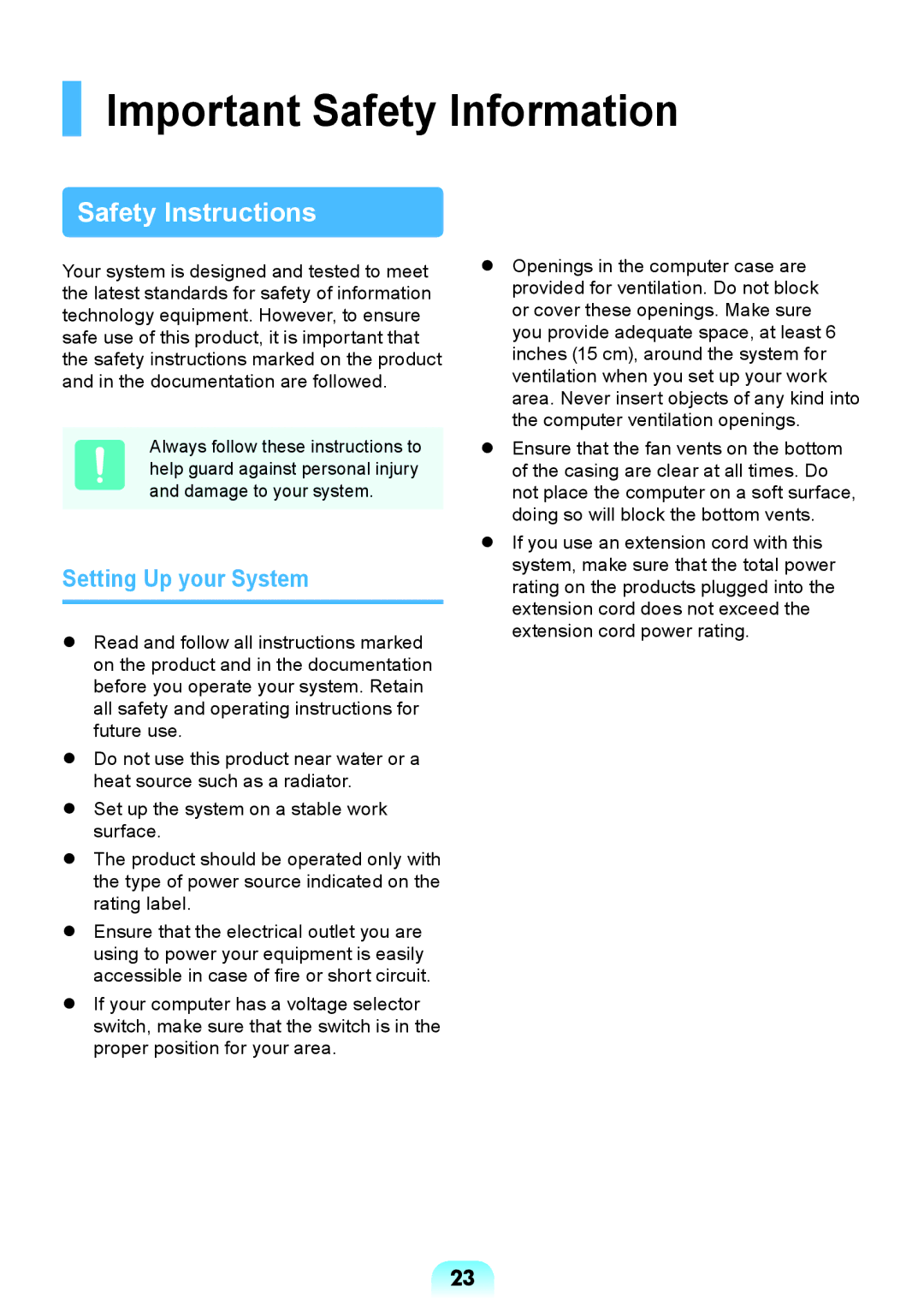 Samsung NP-Q428-DS01VN, NP-Q428-DT02VN, NP-Q428-DS05VN, NP-Q428-DS02VN Important Safety Information, Setting Up your System 