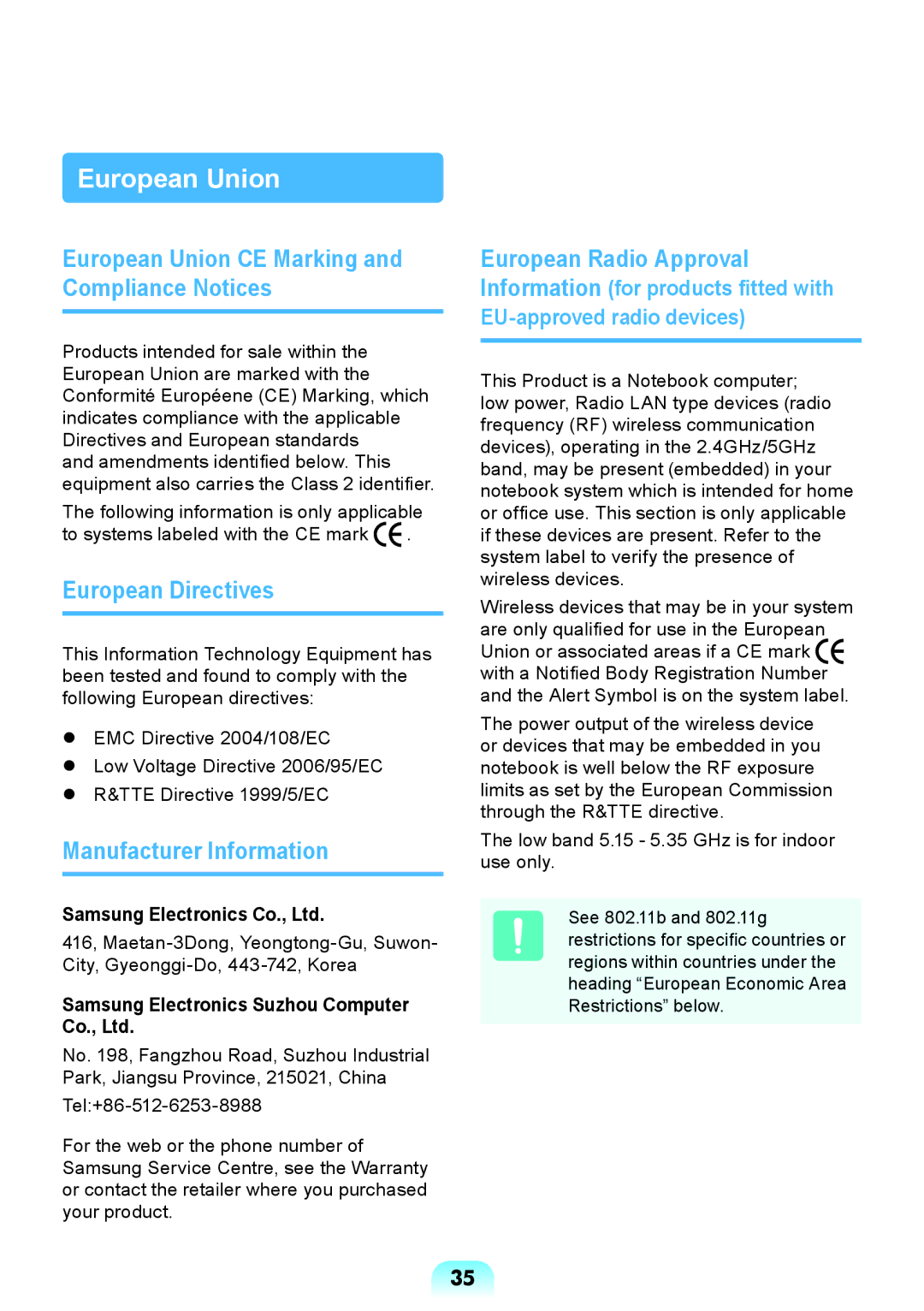 Samsung NP-Q428-DT02VN European Union CE Marking and Compliance Notices, European Directives, Manufacturer Information 