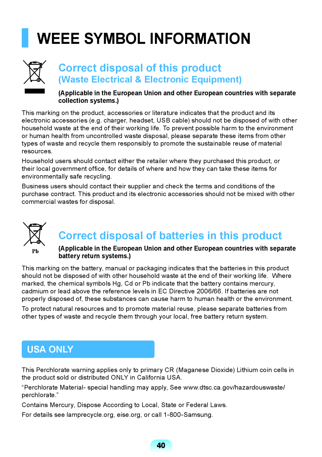 Samsung NP-Q428-DT01VN, NP-Q428-DT02VN, NP-Q428-DS05VN, NP-Q428-DS01VN manual Weee Symbol Information, Battery return systems 