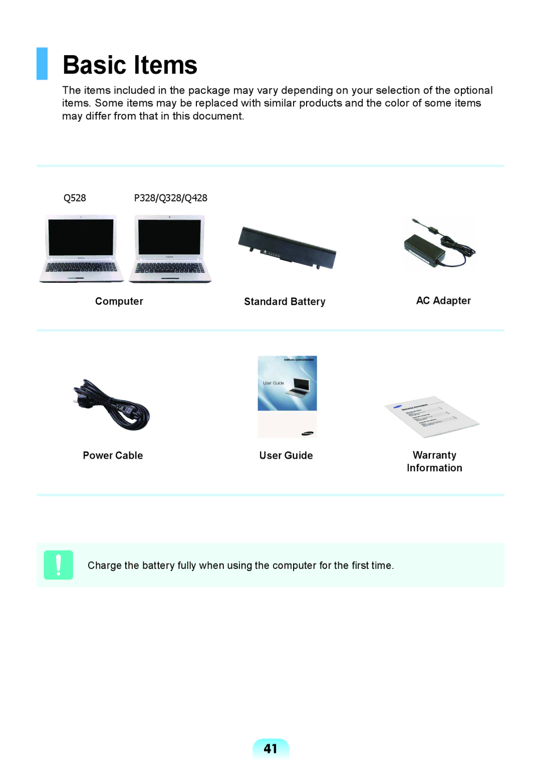 Samsung NP-Q428-DS03VN, NP-Q428-DT02VN manual Basic Items, Computer Standard Battery AC Adapter Power Cable User Guide 