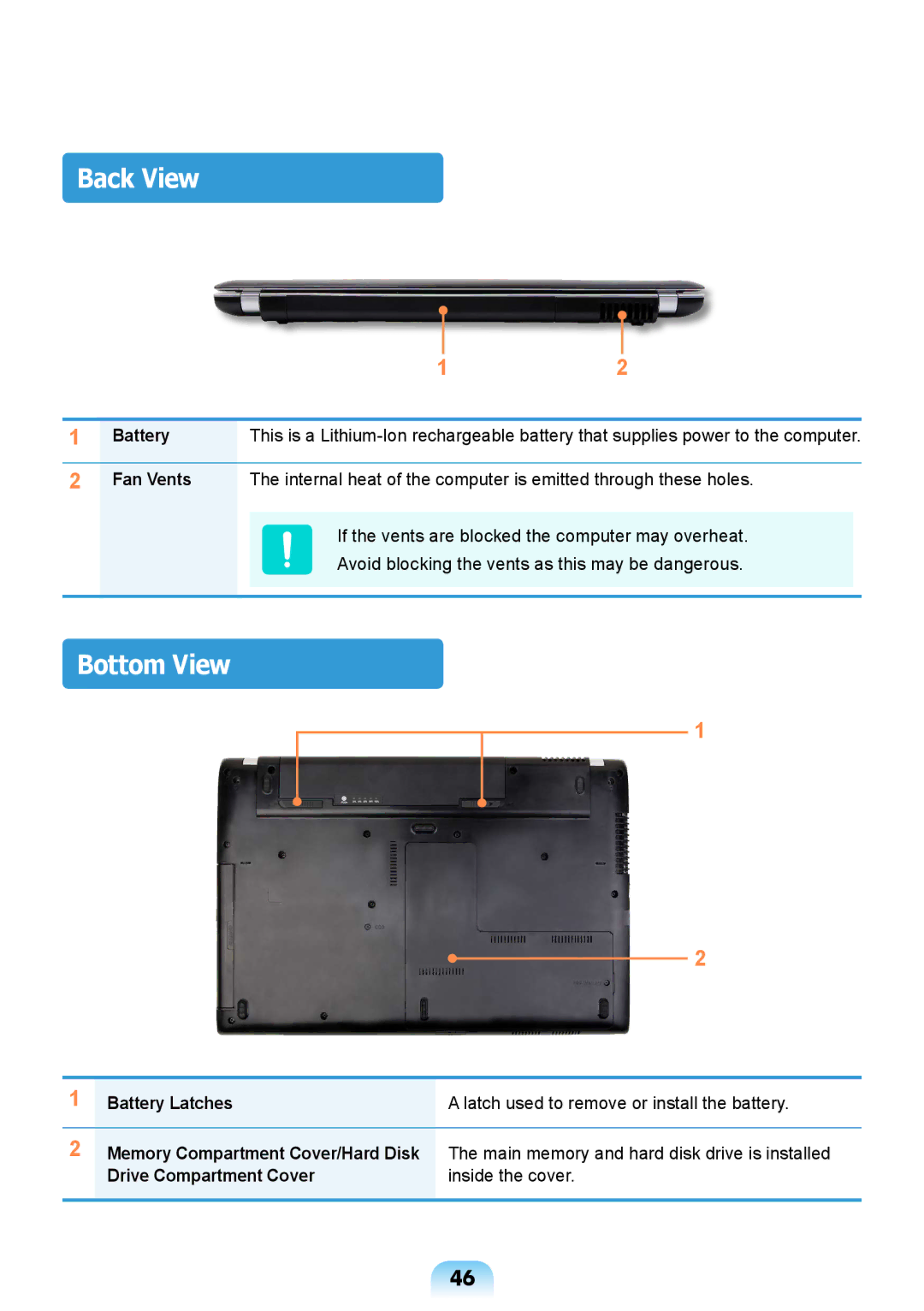 Samsung NP-Q428-DS04VN manual Back View, Bottom View, Battery Latches, Drive Compartment Cover Inside the cover 