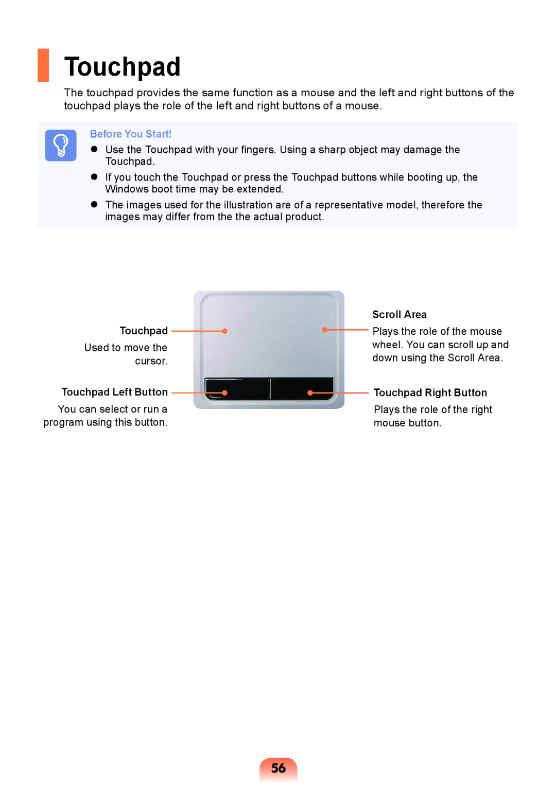 Samsung NP-Q428-DT02VN, NP-Q428-DS05VN, NP-Q428-DS01VN manual Touchpad Left Button, Scroll Area, Touchpad Right Button 