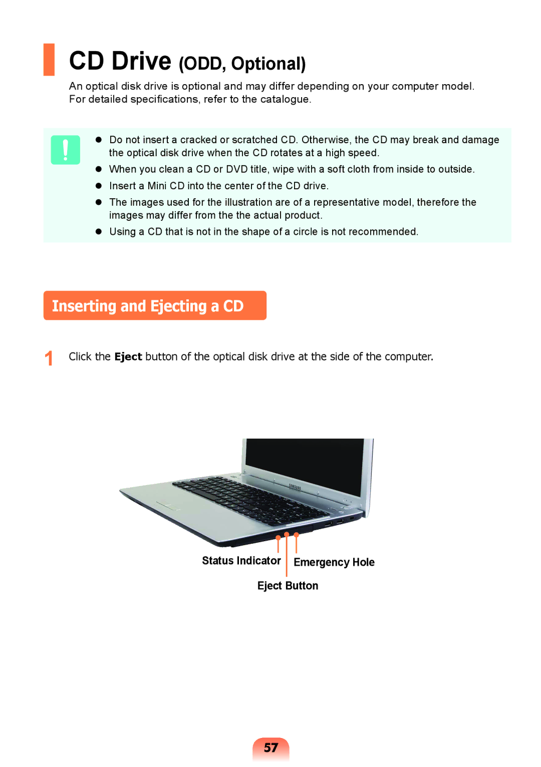 Samsung NP-Q428-DS05VN, NP-Q428-DT02VN manual Inserting and Ejecting a CD, Status Indicator Emergency Hole Eject Button 