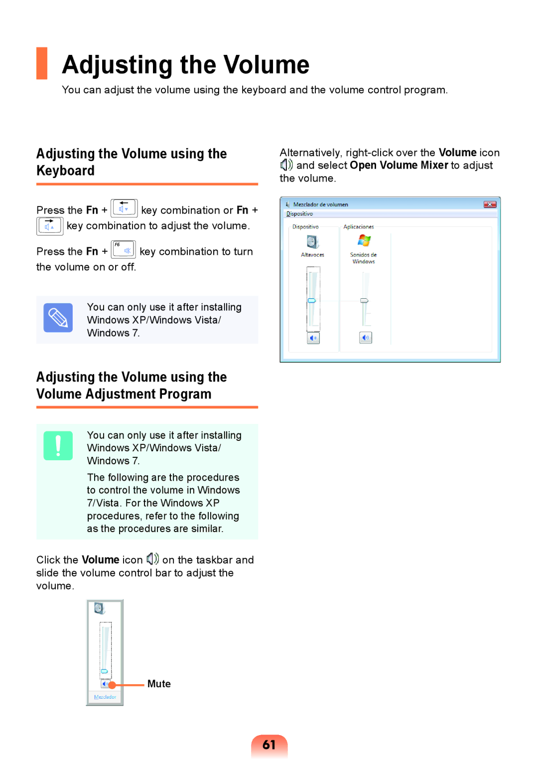 Samsung NP-Q428-DT01VN, NP-Q428-DT02VN, NP-Q428-DS05VN, NP-Q428-DS01VN Adjusting the Volume using the Keyboard, Mute 