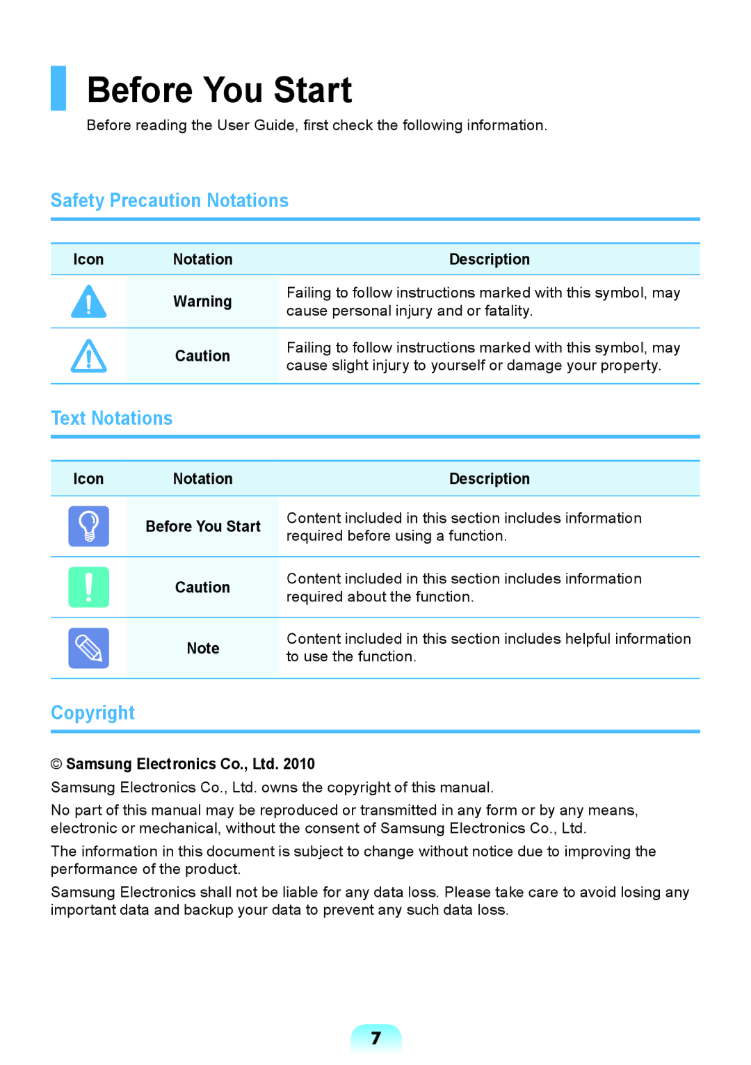 Samsung NP-Q428-DT02VN Before You Start, Safety Precaution Notations, Text Notations, Copyright, Icon Notation Description 